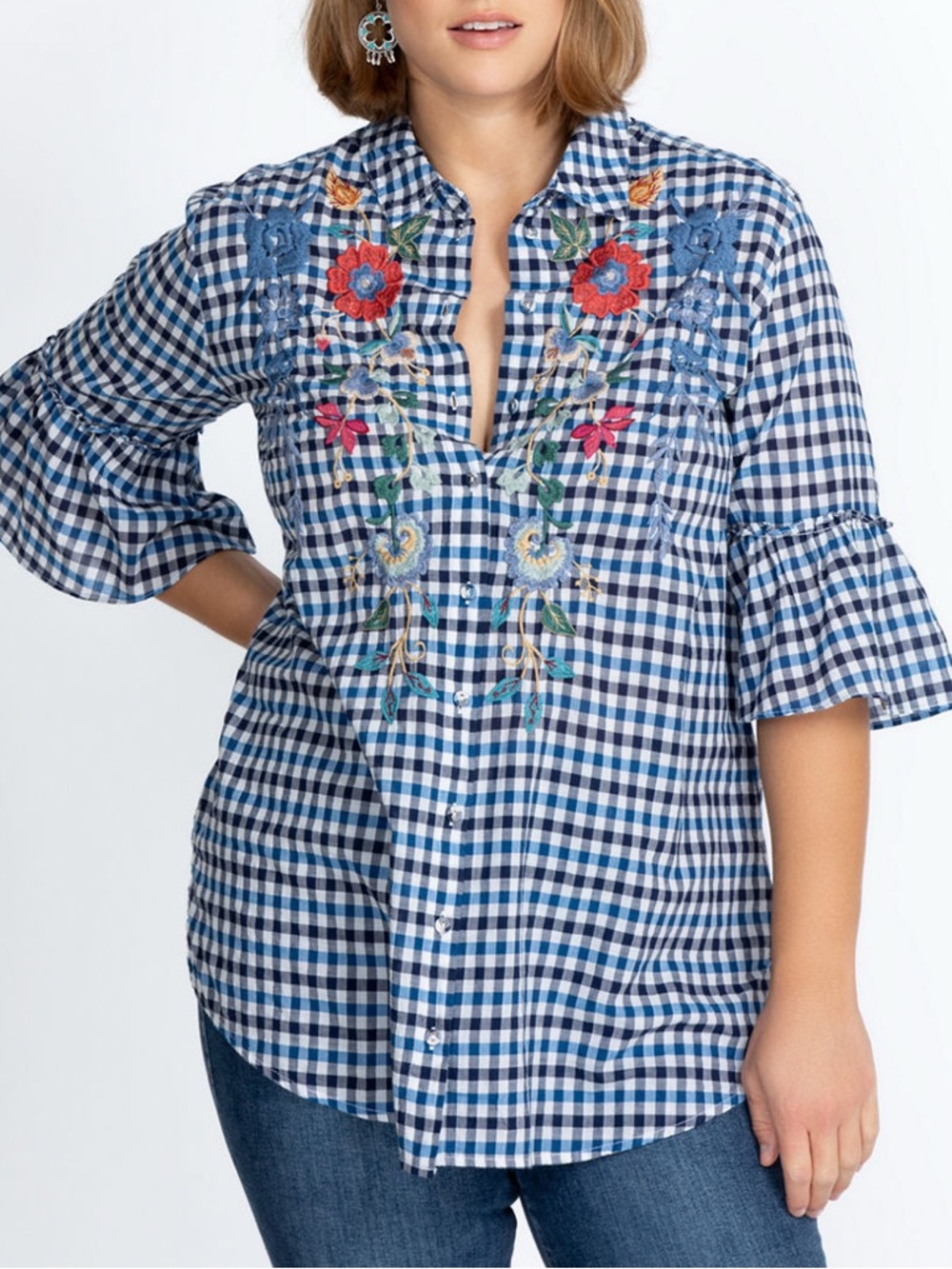 Johnny Was Taryn Ruffle Sleeve Gingham Embroidered Button-Down Shirt